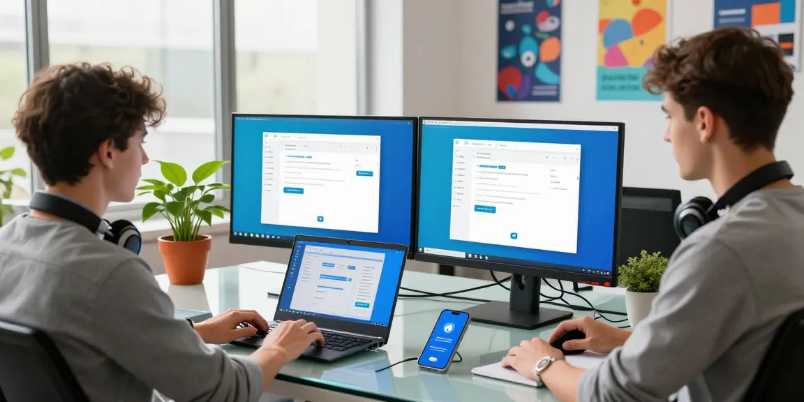 Professional using Telegram web version on dual monitors in a modern office.