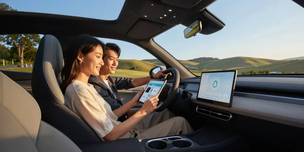 Noleggio lungo termine Omoda: coppia giovane con tablet in auto, atmosfera serena e moderna.