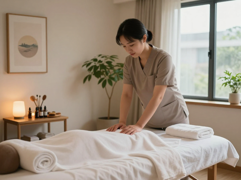 Serene 성남출장마사지 setup with professional therapist and calming atmosphere.