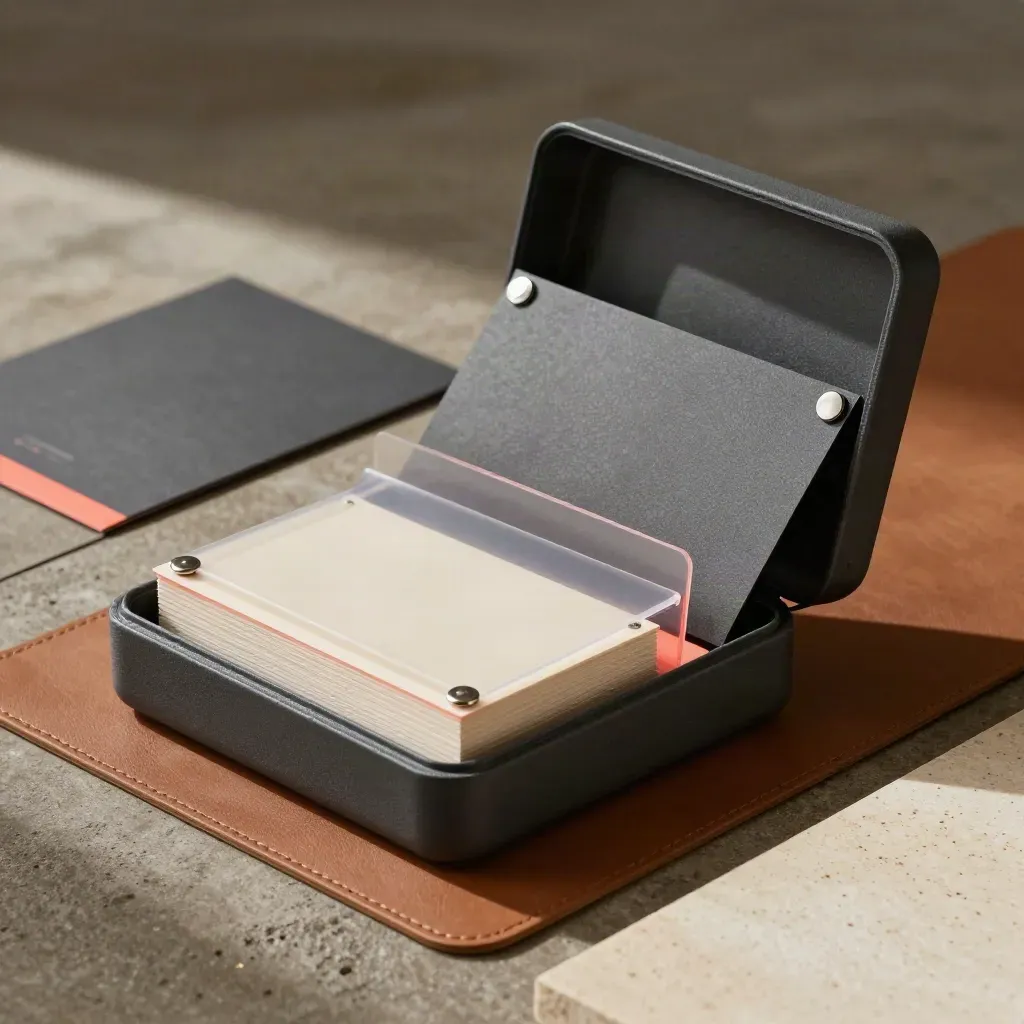 Un kit premium per pitch deck seed aperto su una superficie scura, con dettagli corallo.