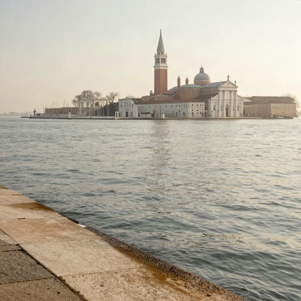 Laguna veneziana con San Giorgio Maggiore alto e acqua calma in primo piano.